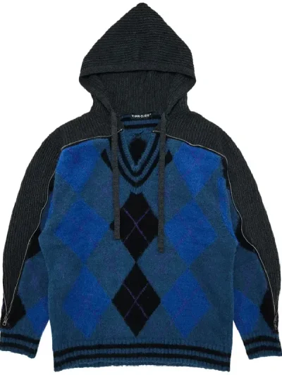Y/Project Blue/Grey Argyle Zip Insert Hood Pullover