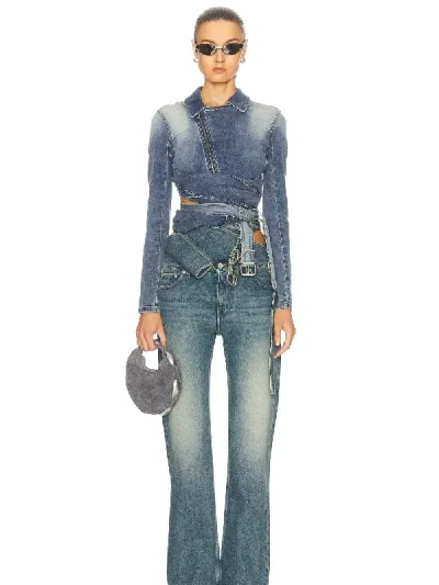 Y/Project Faded Blue Wrap Fitted Denim Jacket Front